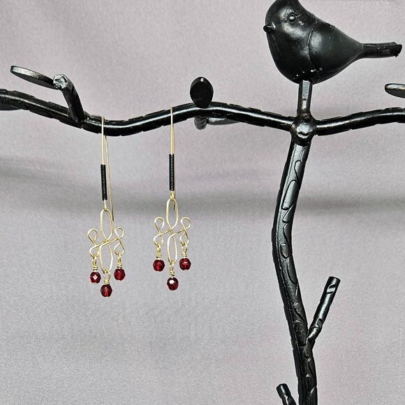 Red Glass Beaded Earrings, 14k Gold Filled Wire Wrap links, Handmade 2.5" - Picture 4 of 9